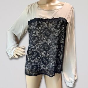 Forever 21 Blouse Round Neck Long Sleeves‎ Lace Overlay Tan/Black Women’s L NWT